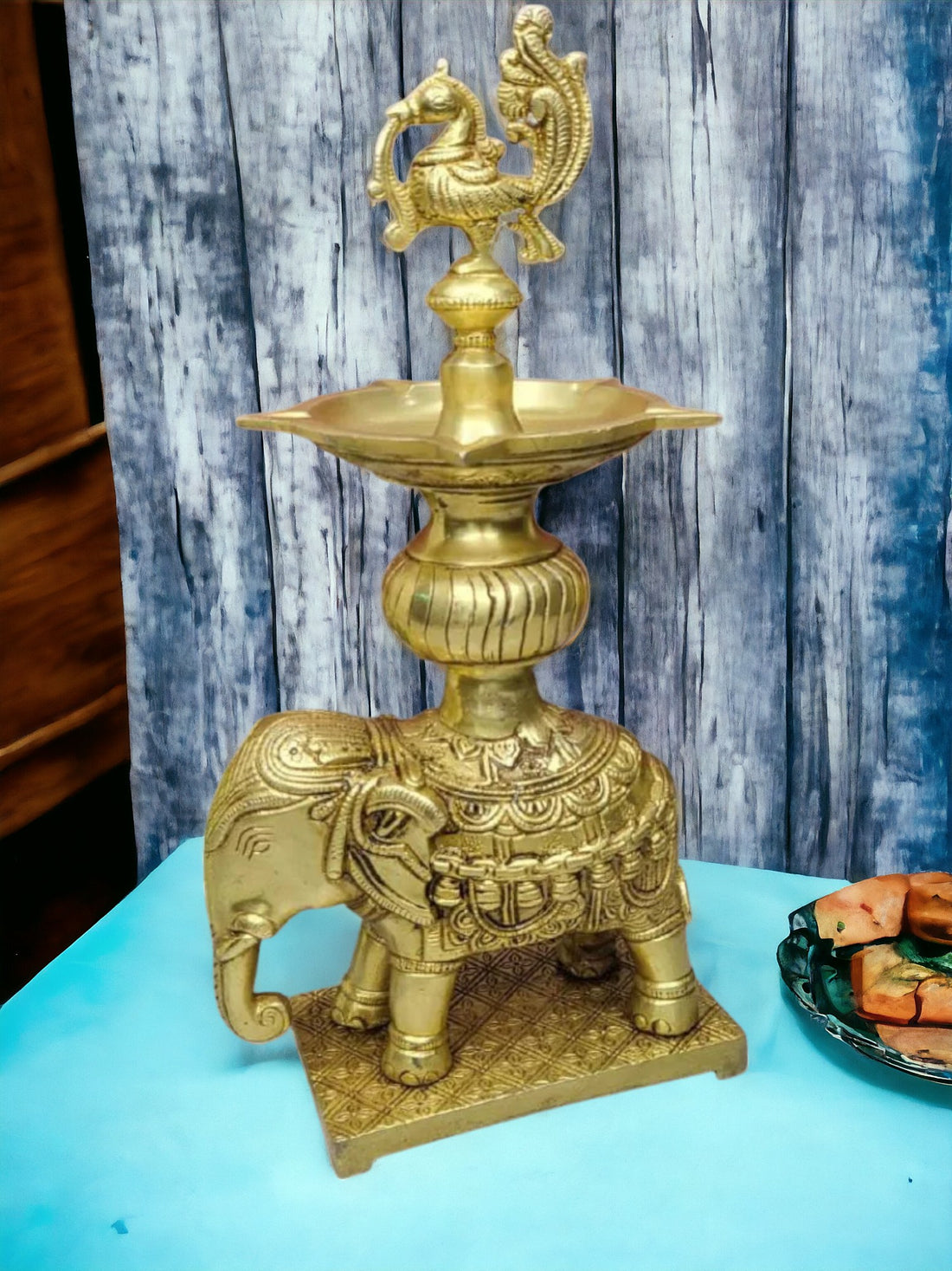 Tamas Brass Handcrafted Golden Decorative Elephant Brass Diya Stand  with Antique Finish (3 x 5 x12 Inches, Golden) (Pack of 1)
