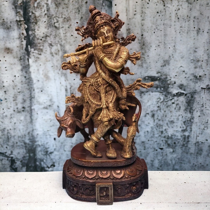 Tamas Brass Handcrafted Lord Krishna Bhagwan Playing Flute with Gau MATA Metal Murti Statue / Idol with Antique Finish (6 x 5.5 x 12 Inches, Brown) (Pack of 1)