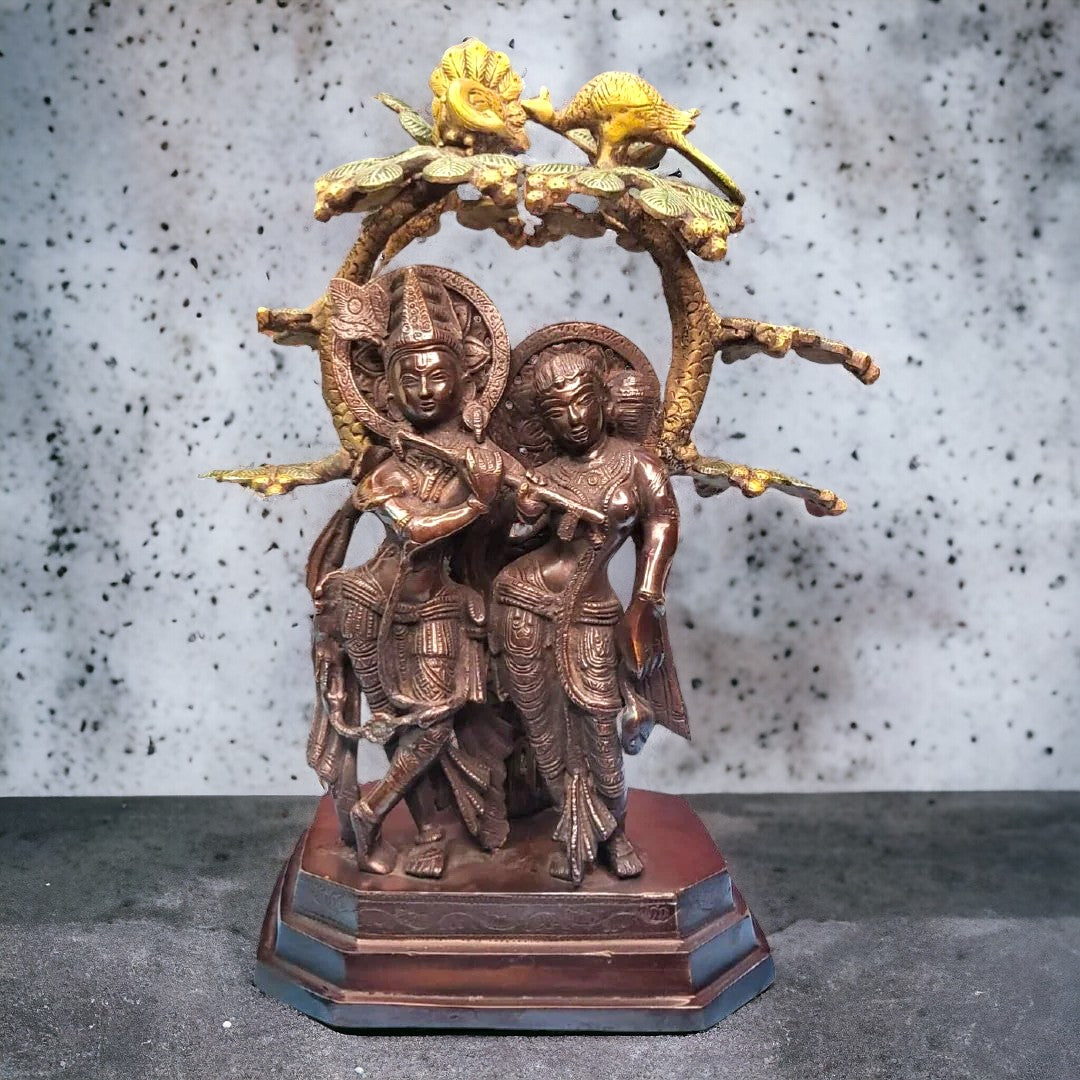 Tamas Brass Handcrafted Radha Krishna Yugal Jodi with Flute Statue / Idol with Antique Finish (12 x 6 x 14 Inches, Golden & Brown) (Pack of 1)