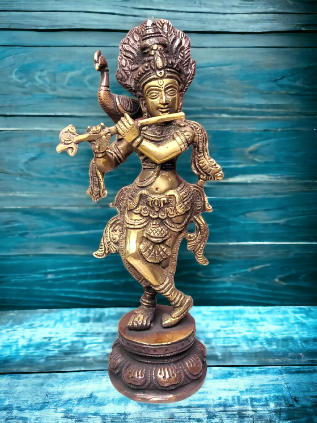 Tamas Brass Handcrafted Flute Playing Krishna with Peacock  Statue / Idol with Antique Finish (3 x 3 x 10 Inches, Golden) (Pack of 1)