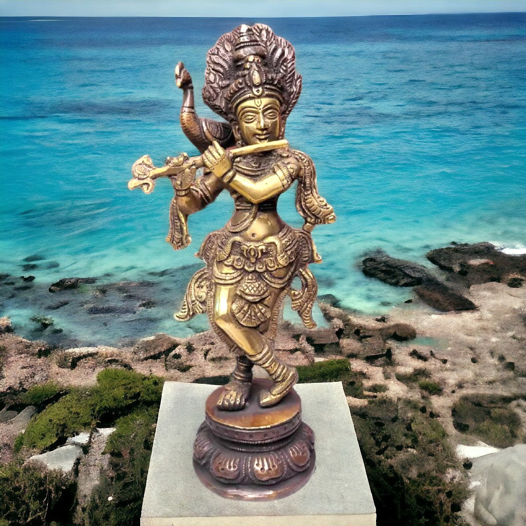 Tamas Brass Handcrafted Flute Playing Krishna with Peacock  Statue / Idol with Antique Finish (3 x 3 x 10 Inches, Golden) (Pack of 1)