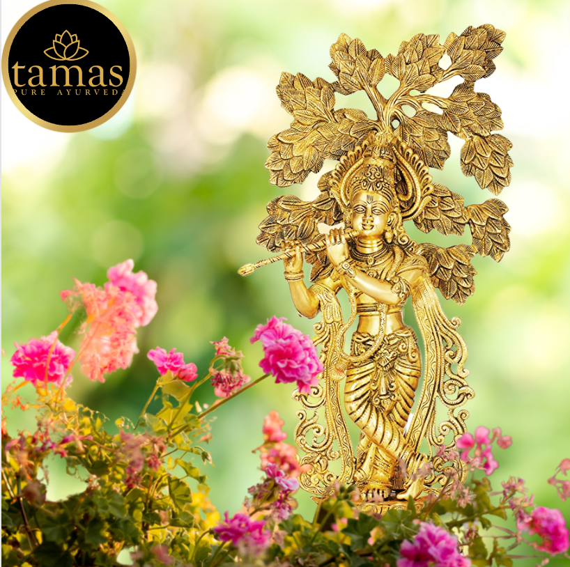 Tamas Brass Krishna with Kalpavriksha Tree Statue (Height 24.5 Inches)
