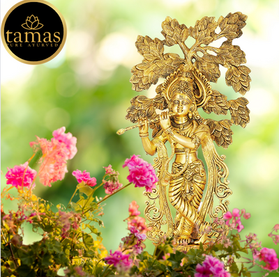 Tamas Brass Krishna with Kalpavriksha Tree Statue (Height 24.5 Inches)