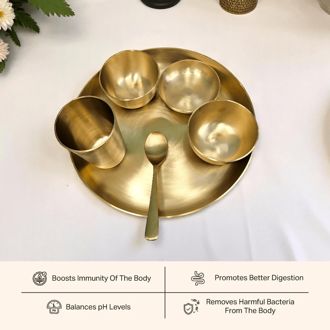 Tamas Heavy Duty Pure Lead Free Premium Kaansa Dinner Set – Handcrafted Bronze Thali Set with Spoon, Bowls & Glass Matt Finish| Ayurvedic Wellness Gift in Velvet Box