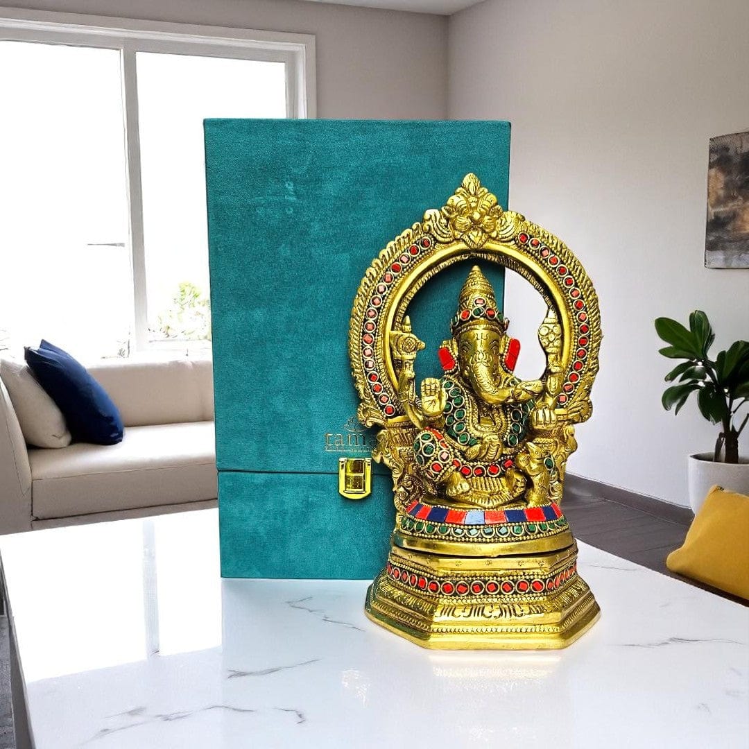 Tamas Brass Ganesh Bhagwan Sitting Posturel and Decorated with Multicolored Stone (Multicolor) Height 9.6 inches | Free Luxury Gift Box
