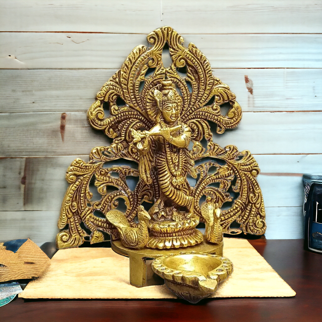 Tamas Brass Krishna Oil Lamp Diya Deepam (Golden) (7 Inches)