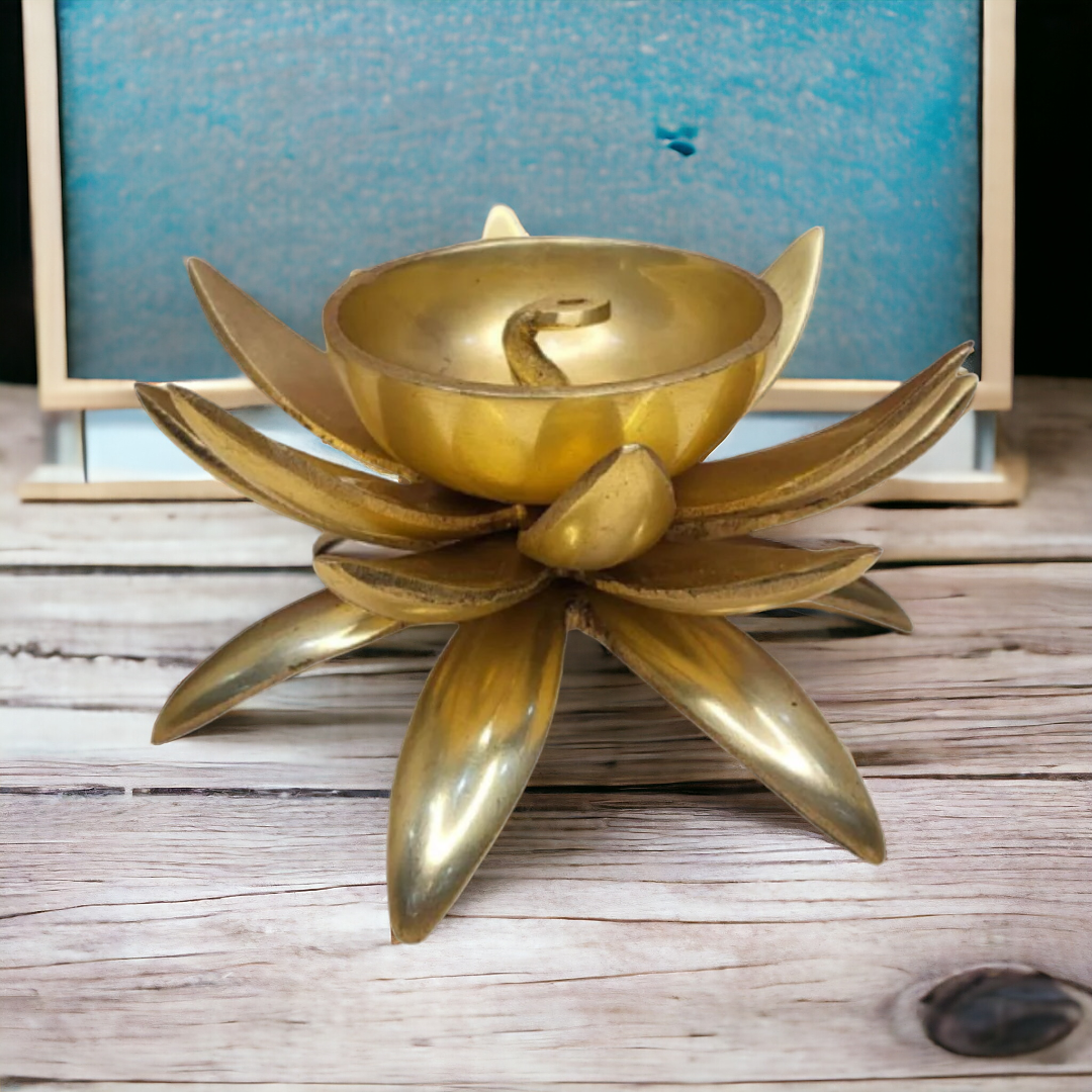 Tamas Brass Handcrafted Lotus Shaped Diya with Antique Finish (5.5 x 5.5 x 3 Inches, Golden) (Pack of 1)