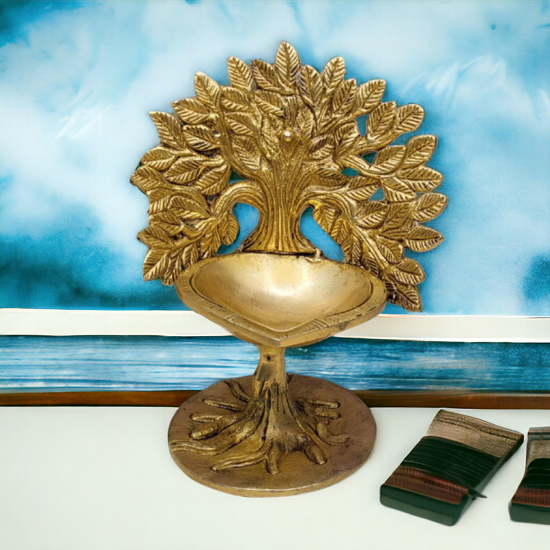 Tamas Brass Handcrafted Bodhi Tree Table Diya with Antique Finish (4 x 4 x 7 Inches, Golden) (Pack of 1)