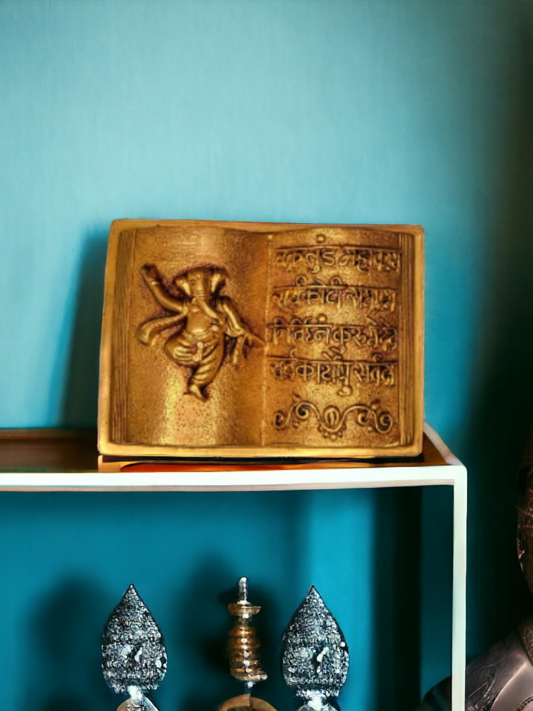 Tamas Brass Handcrafted Ganesh Mantra Book with Antique Finish (6 x 7 x 2 Inches, Golden) (Pack of 1)