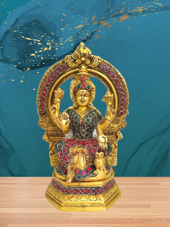 Tamas Brass Goddess Laxmi Sitting Posturel and Decorated with Multicolored Stone  (Multicolor) Height 9.6 inches