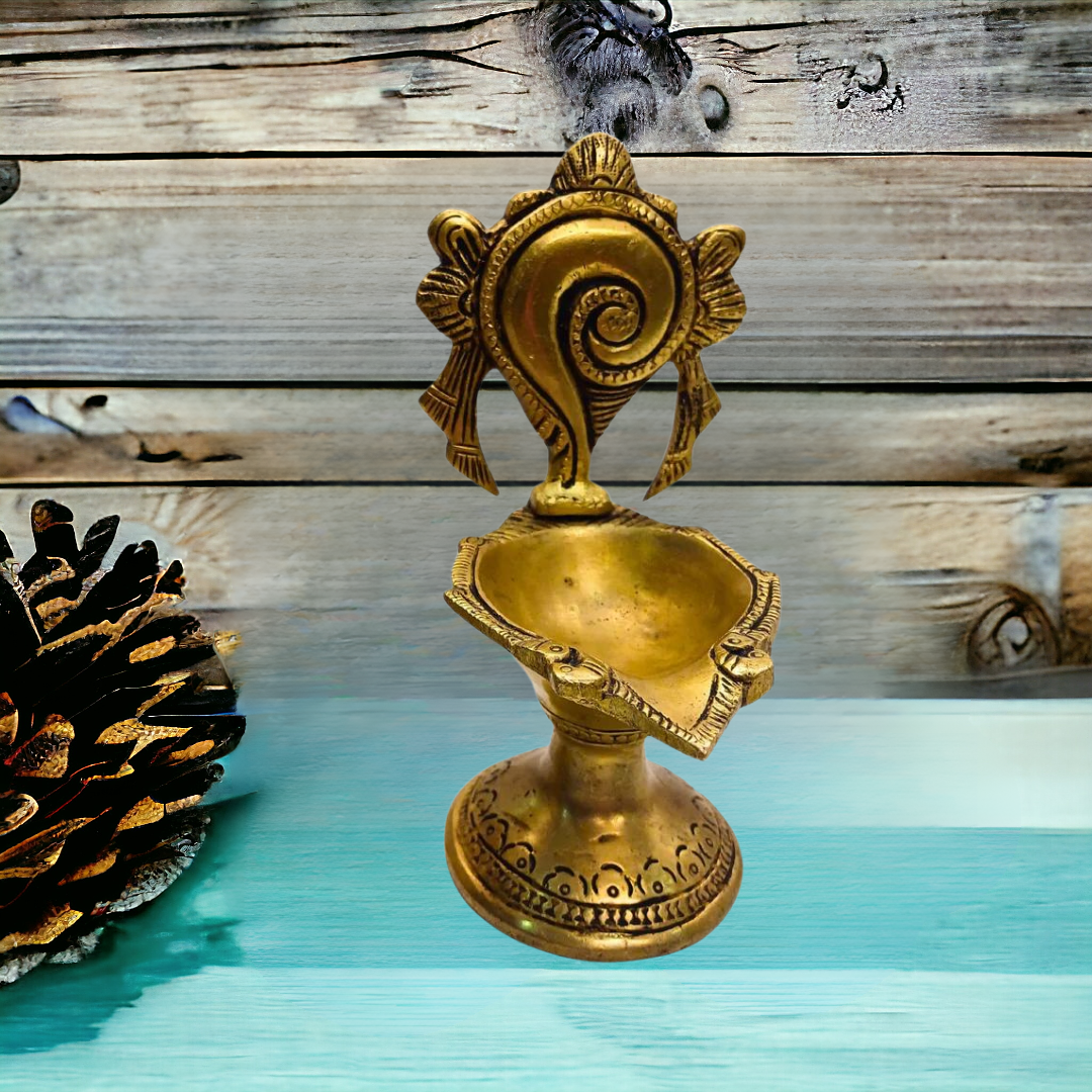 Tamas Brass Shankha Chakra Long Table Diya (Golden) (5.2 Inches)