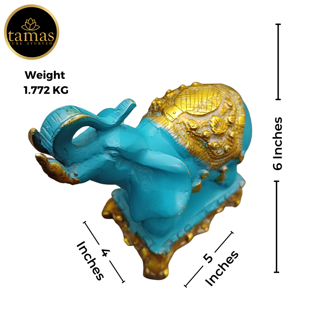 Tamas Brass Handcrafted Ethnic Elephant Showpiece Trunk Up Statue / Idol with Antique Finish   (6.5 x 3.5 x 6.5 Inches, Golden & Blue) (Pack of 1)