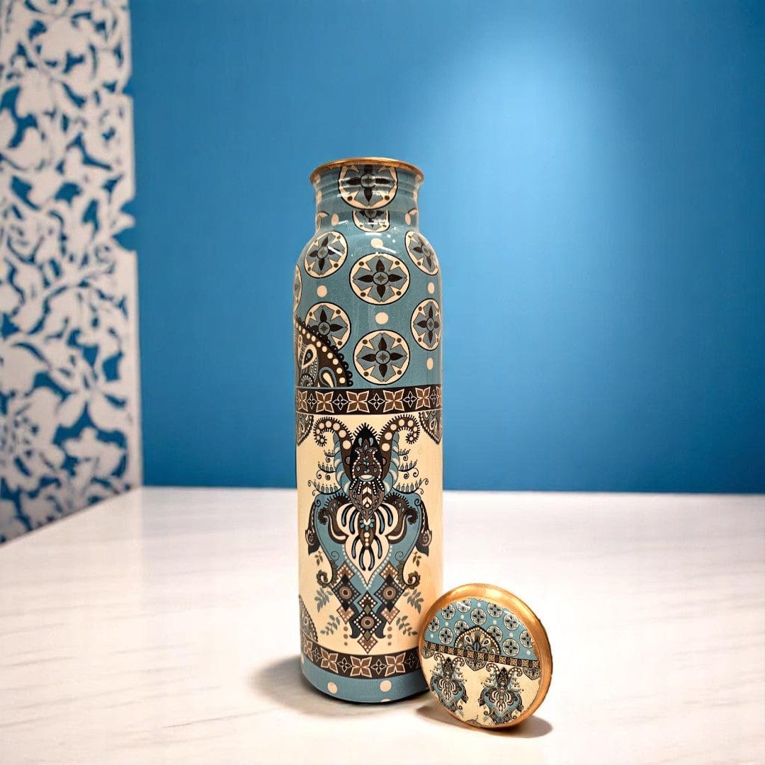 Handcrafted 100% Shuddh Copper Water Bottle with Ethnic Blue Mandala Art | Leak-Proof & Ayurvedic Wellness 1000 ML  (10.5 inch)