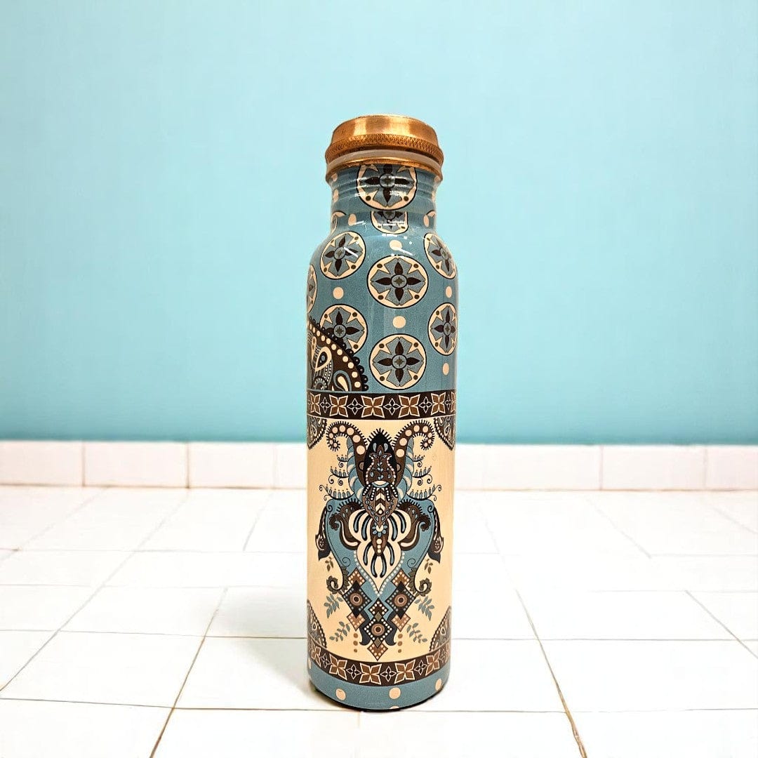 Handcrafted 100% Shuddh Copper Water Bottle with Ethnic Blue Mandala Art | Leak-Proof & Ayurvedic Wellness 1000 ML  (10.5 inch)