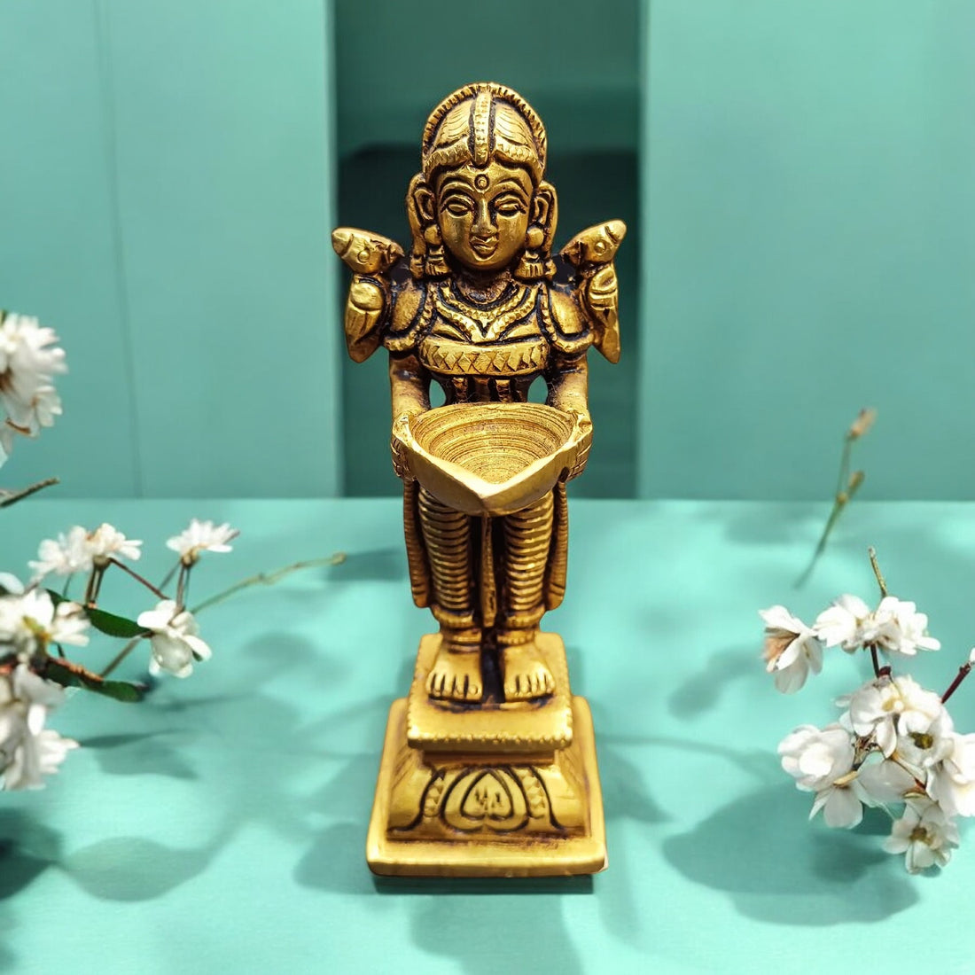Brass Lady Holding a Lamp Statue
