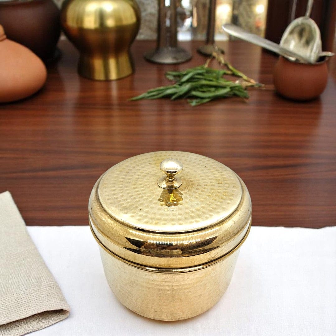 Tamas Pure Brass Laddu Box Container | Traditional Hammered Storage Container Laddo Box  with Lid | Premium Handcrafted Brassware for Kitchen & Gifting