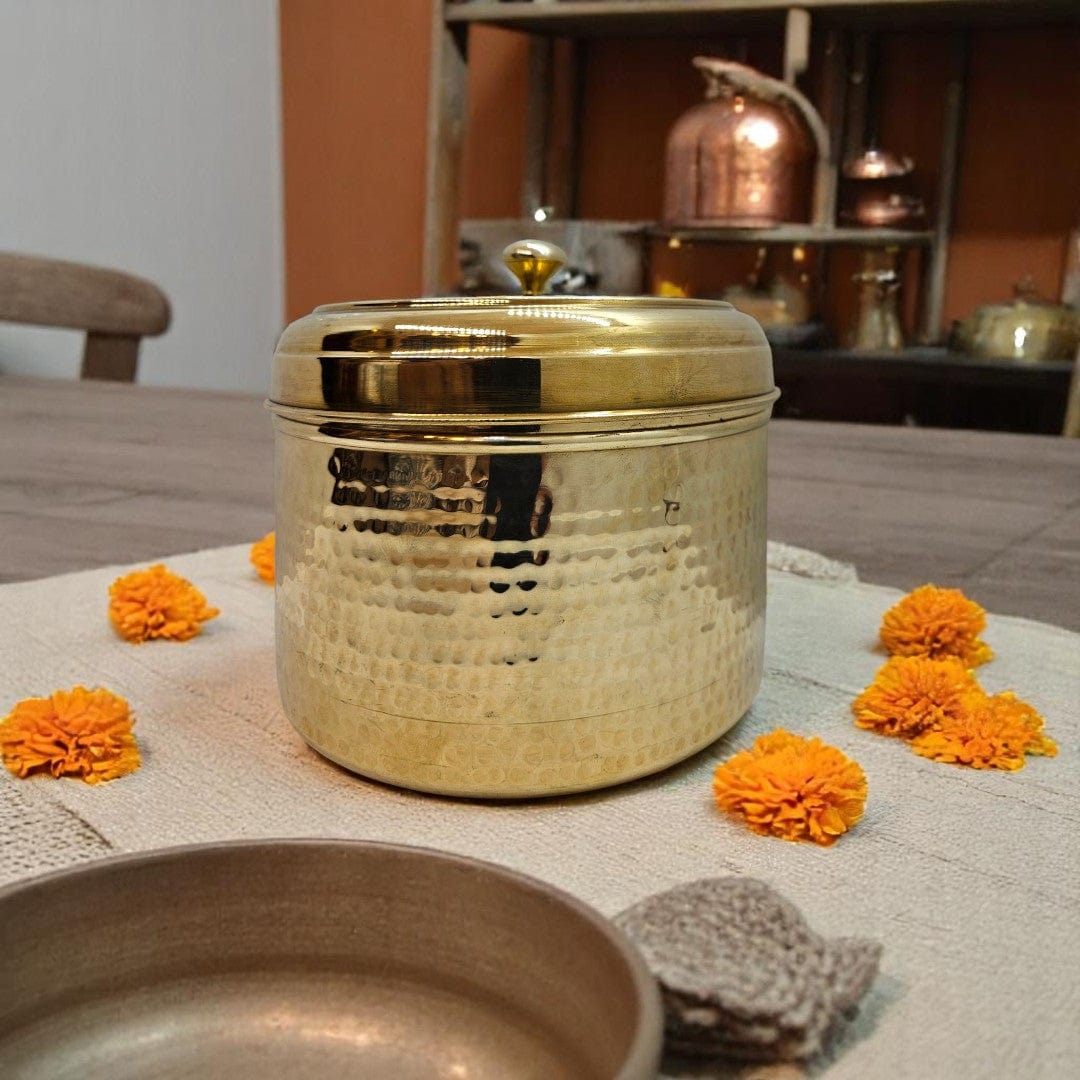 Tamas Pure Brass Laddu Box Container | Traditional Hammered Storage Container Laddo Box  with Lid | Premium Handcrafted Brassware for Kitchen & Gifting