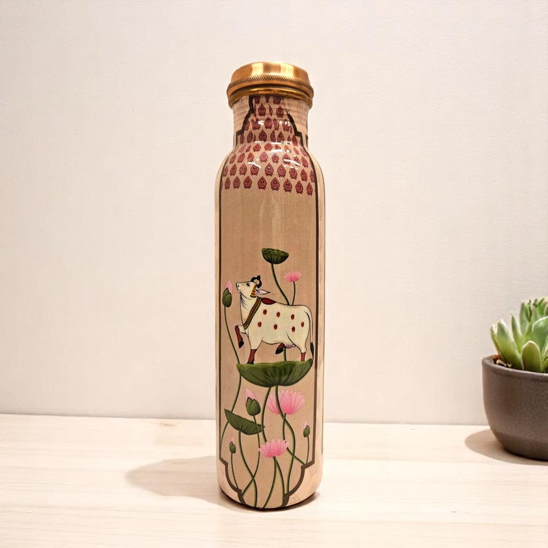 Buy 100% Shuddh  Copper Water Bottle with Kamdhenu & Lotus Design 