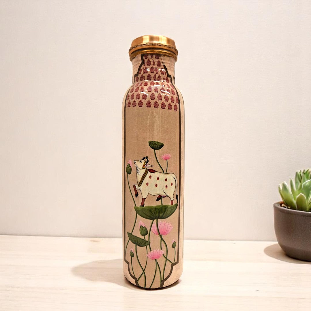Buy 100% Shuddh  Copper Water Bottle with Kamdhenu & Lotus Design 