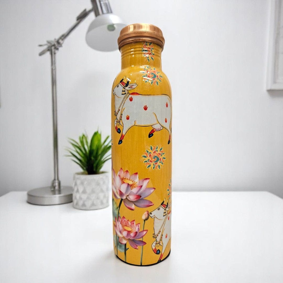 yellow cow print copper water bottle 
