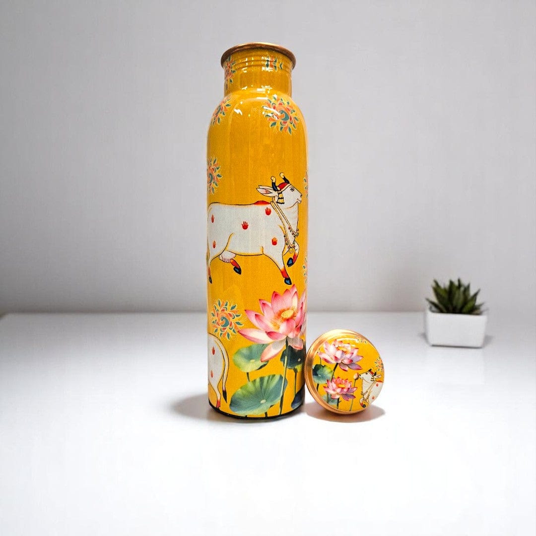 yellow cow print copper water bottle 