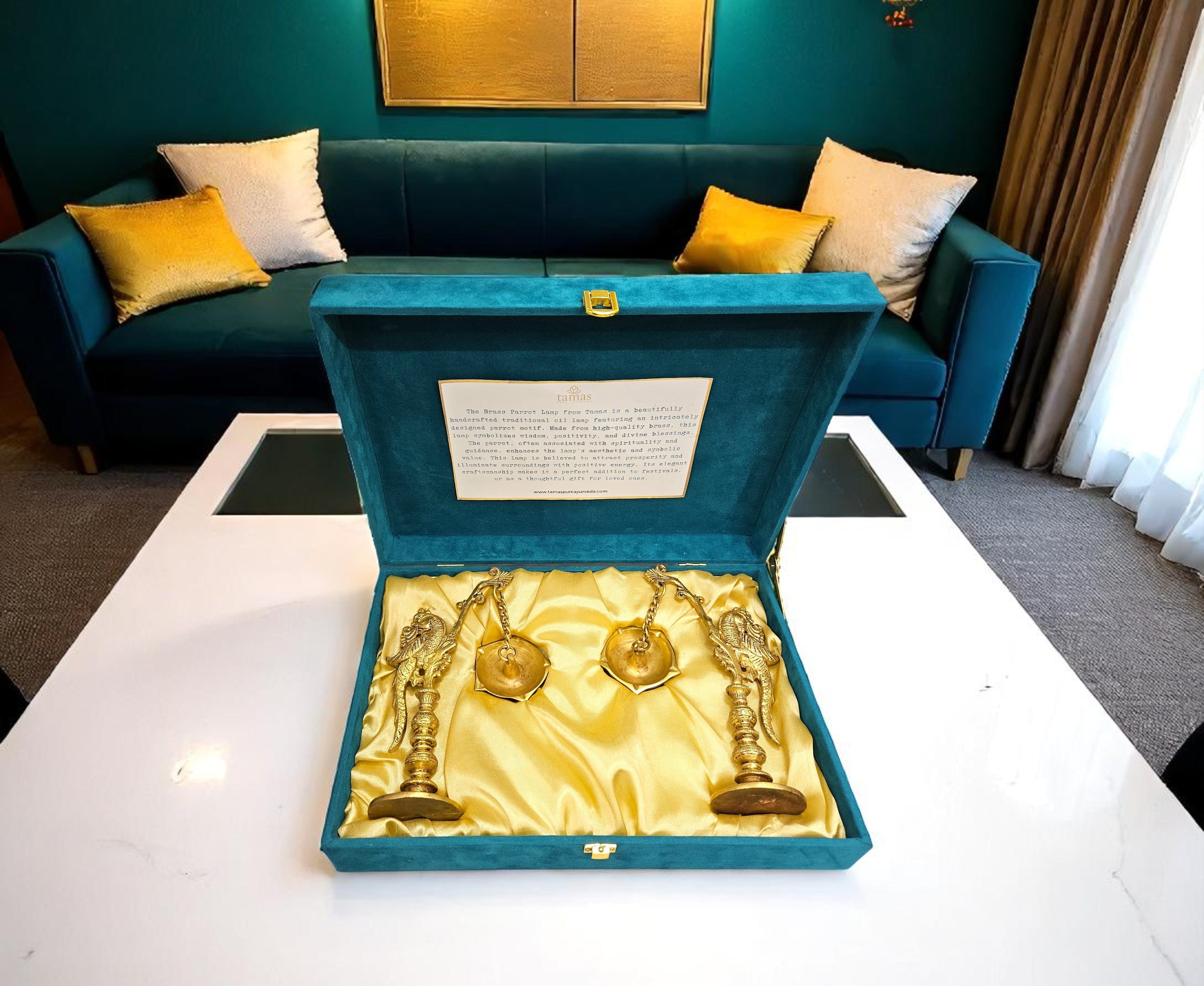 Brass Parrot Hanging Diya Set by Tamas – Pure Brass Oil Lamp with Gift Box