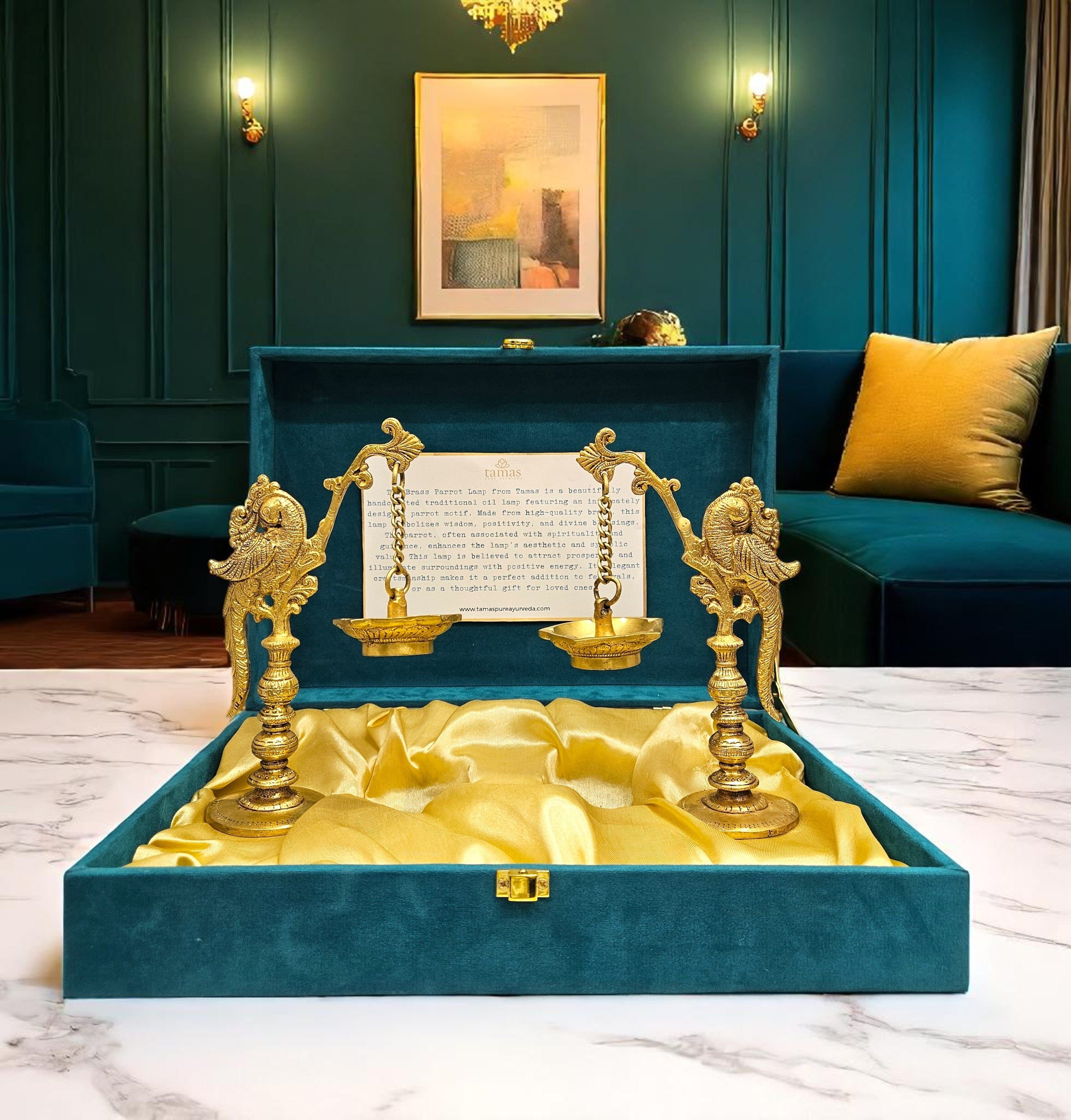 Brass Parrot Hanging Diya Set by Tamas – Pure Brass Oil Lamp with Gift Box