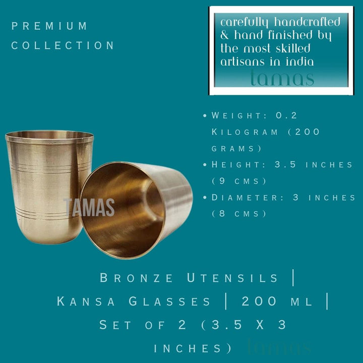 Bronze Utensils | Kansa Glasses | 200 ml | Set of 2 (3.5 X 3 inches)