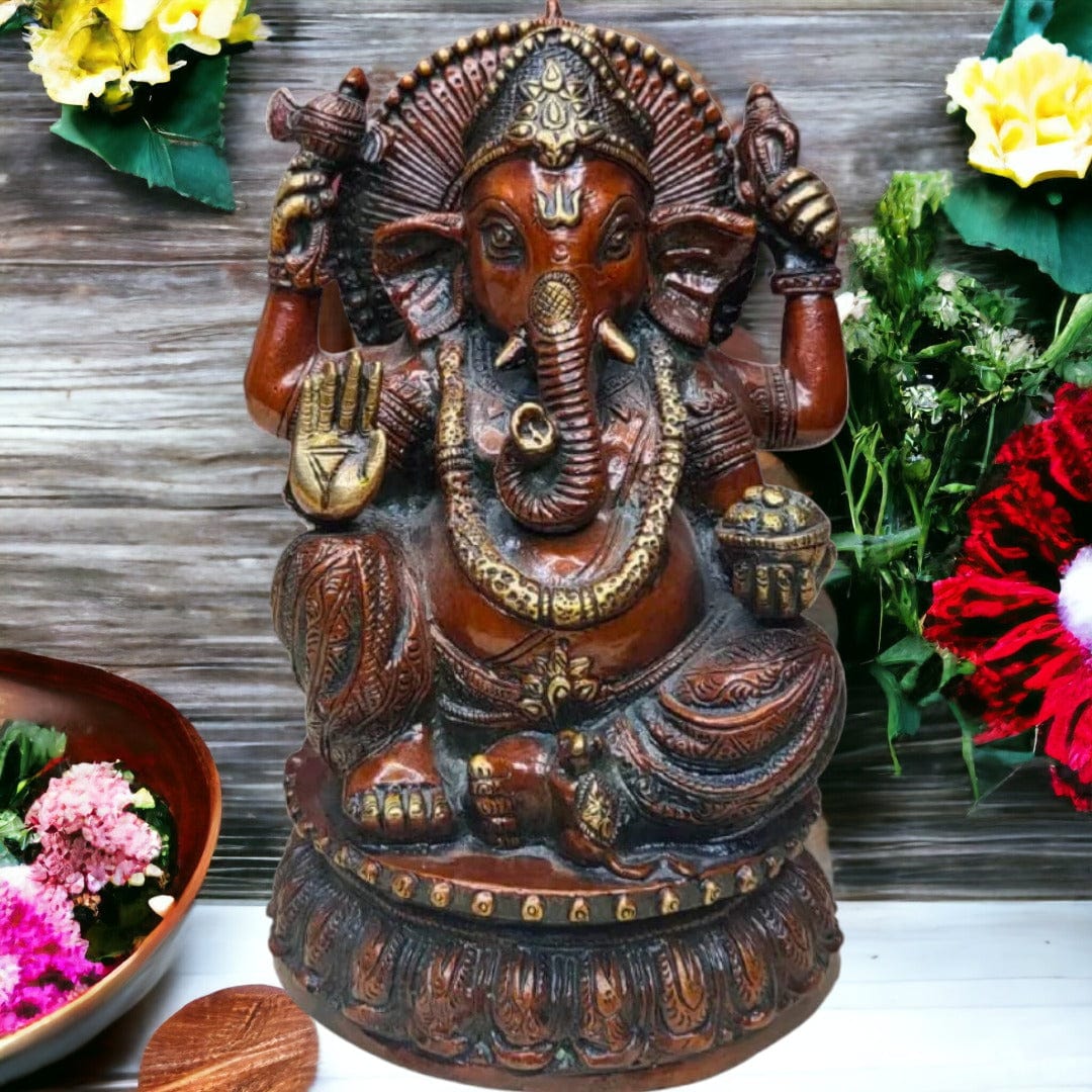 Tamas Brass Handcrafted Lord Ganesha Statue / Idol with Antique Finish (5.5 x 5.5 x 9 Inches, Golden & Brown) (Pack of 1) - Tamas: Luxury Indian Gifts