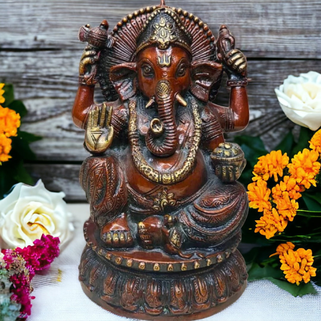 Tamas Brass Handcrafted Lord Ganesha Statue / Idol with Antique Finish (5.5 x 5.5 x 9 Inches, Golden & Brown) (Pack of 1)