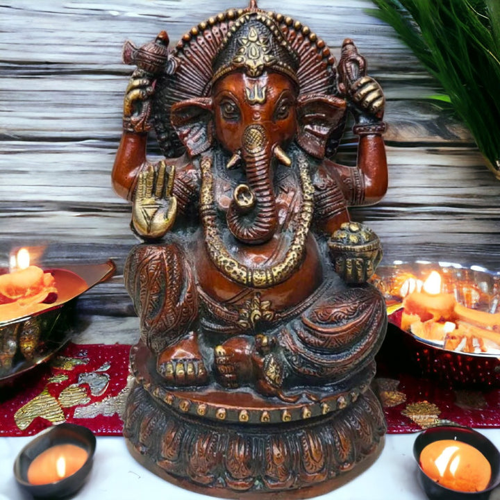 Tamas Brass Handcrafted Lord Ganesha Statue / Idol with Antique Finish (5.5 x 5.5 x 9 Inches, Golden & Brown) (Pack of 1)