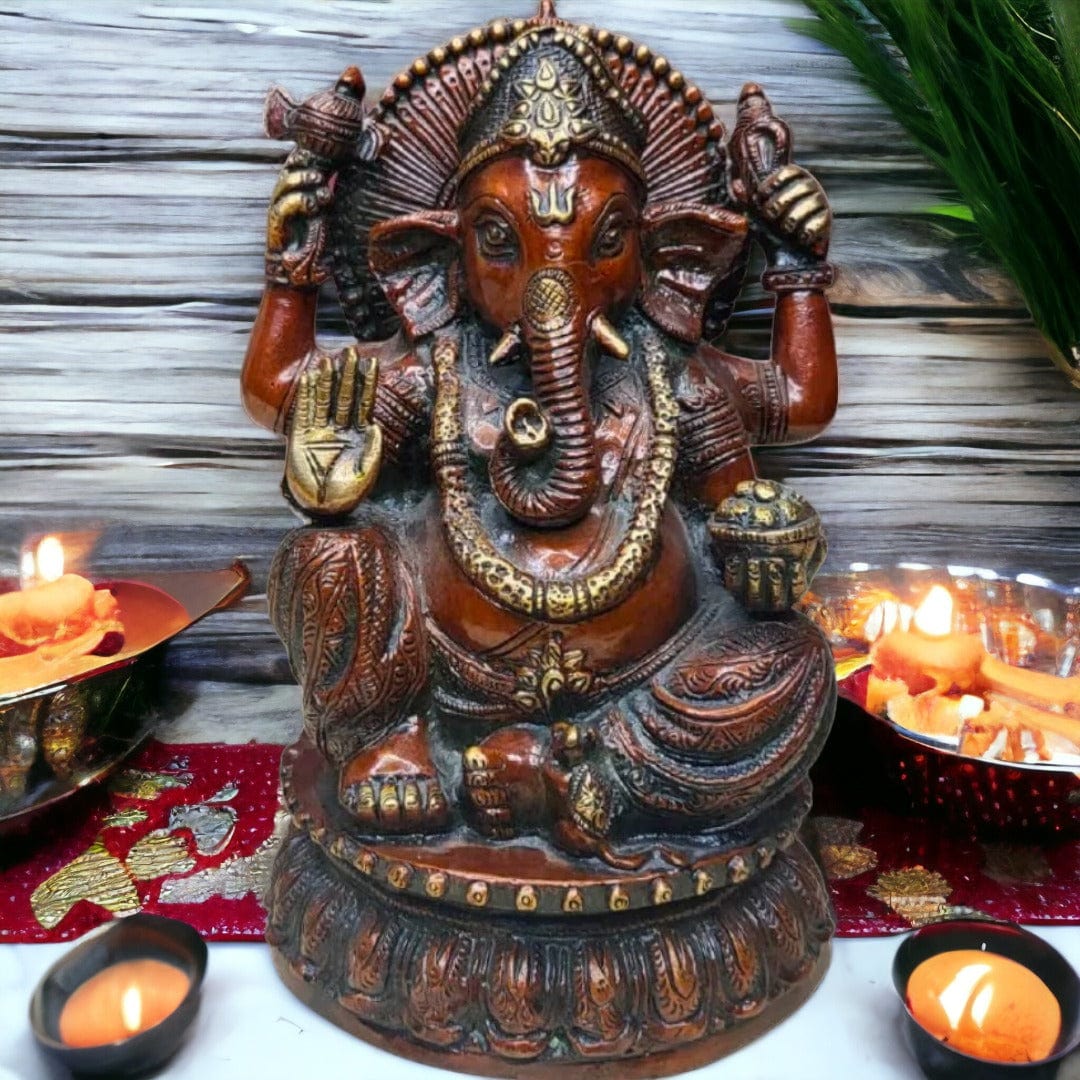 Tamas Brass Handcrafted Lord Ganesha Statue / Idol with Antique Finish (5.5 x 5.5 x 9 Inches, Golden & Brown) (Pack of 1) - Tamas: Luxury Indian Gifts