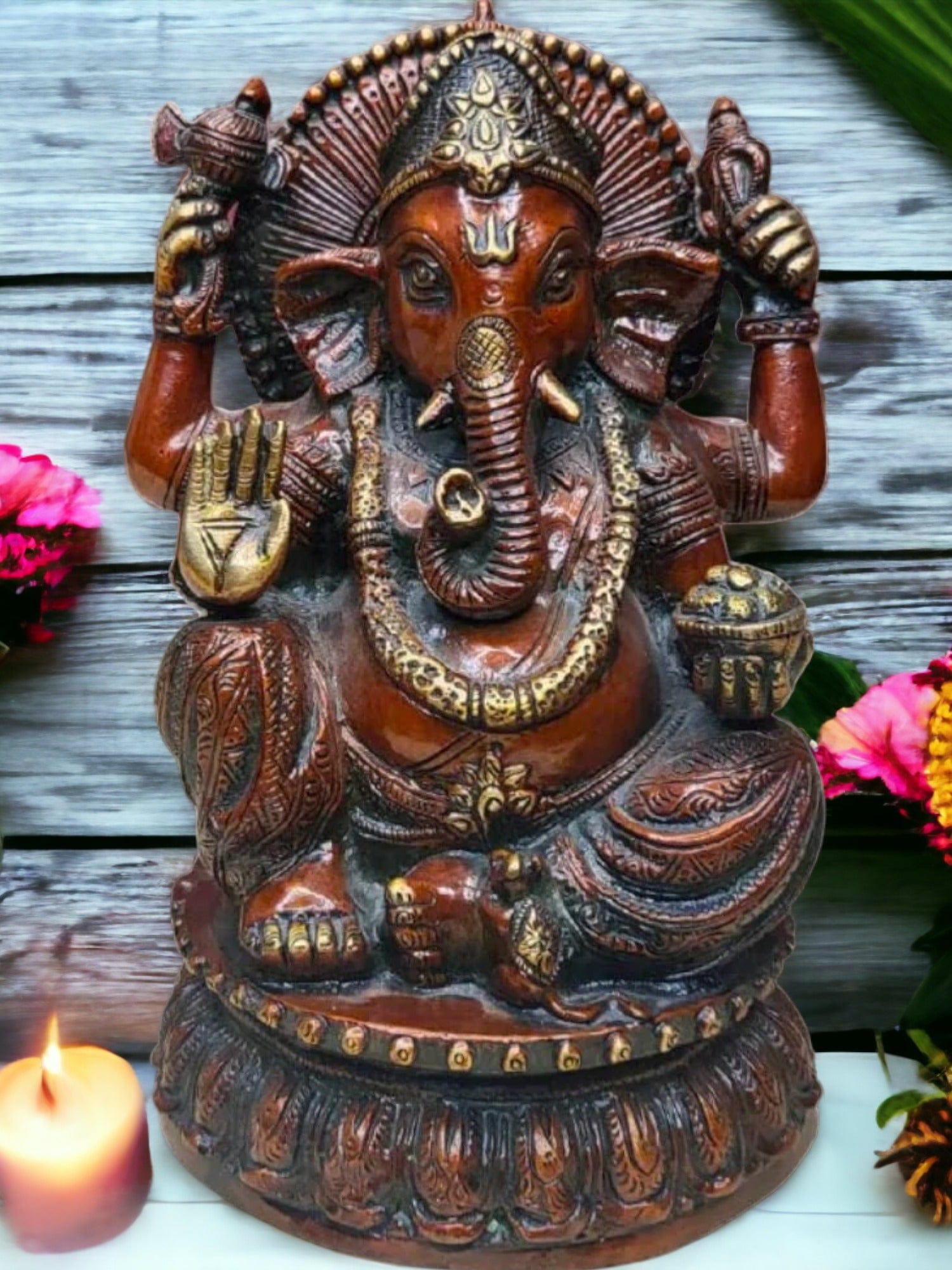 Tamas Brass Handcrafted Lord Ganesha Statue / Idol with Antique Finish (5.5 x 5.5 x 9 Inches, Golden & Brown) (Pack of 1) - Tamas: Luxury Indian Gifts