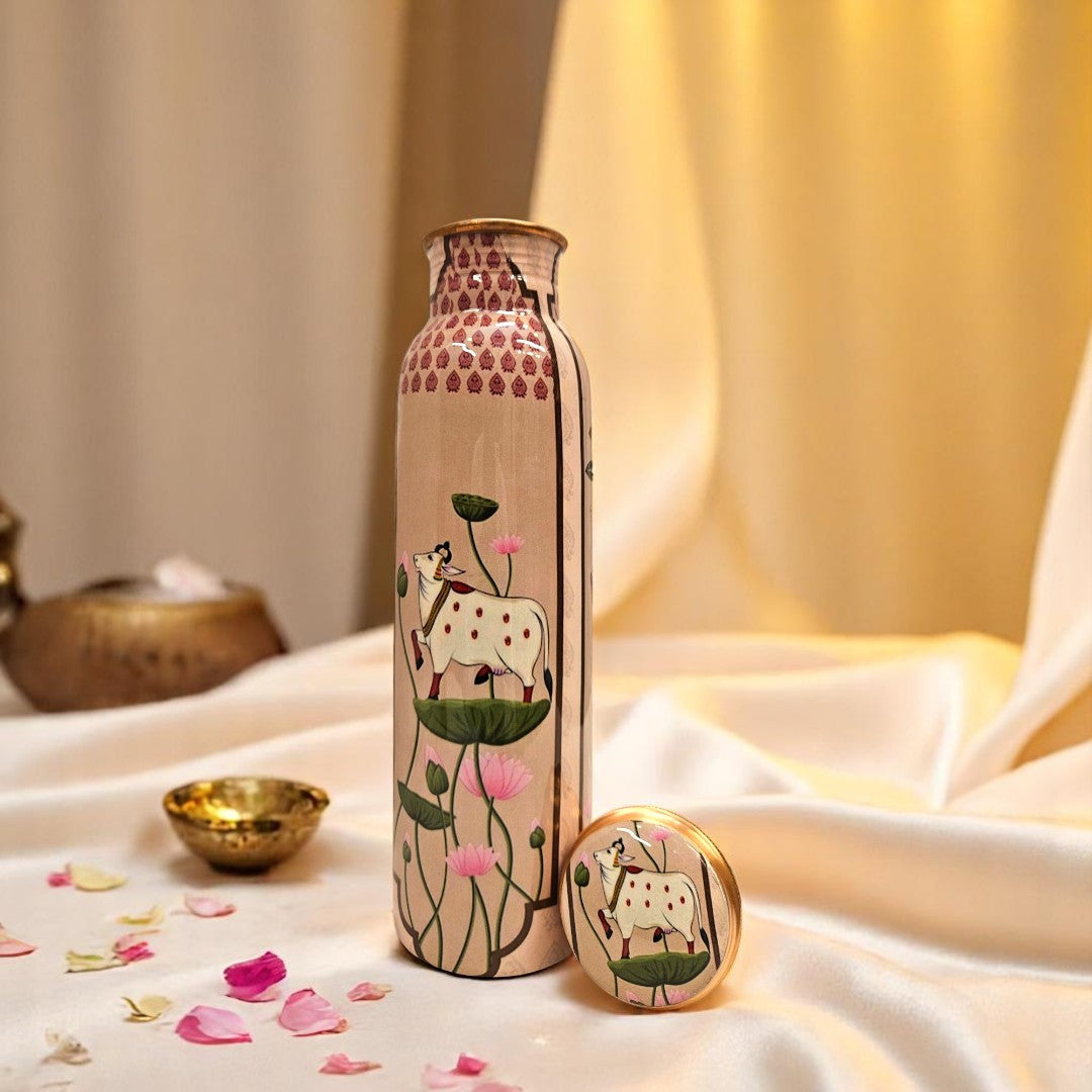 Buy 100% Shuddh  Copper Water Bottle with Kamdhenu & Lotus Design 
