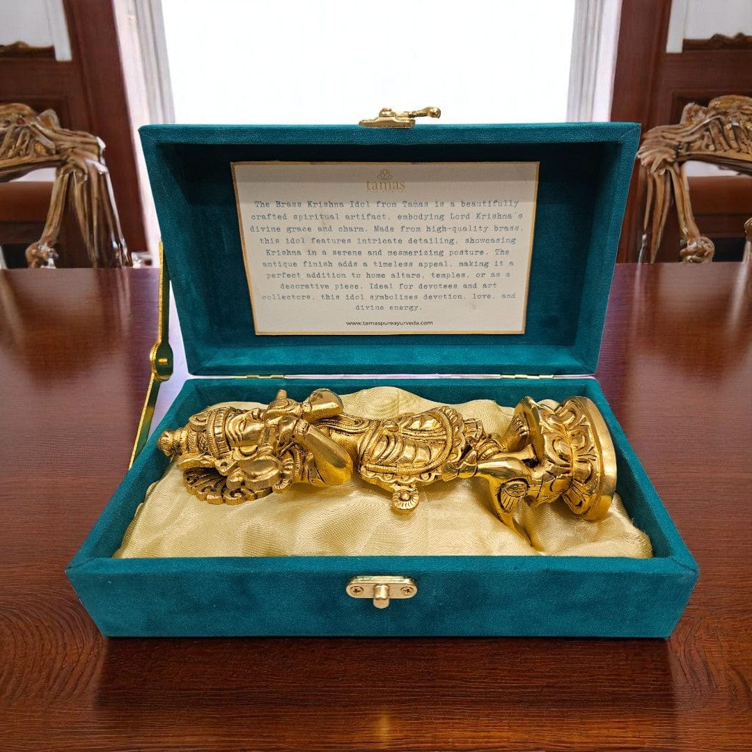 Tamas Krishna Small Brass Idol (7 Inch) with Antique Finish – Handcrafted Pooja Murti with Gift Box