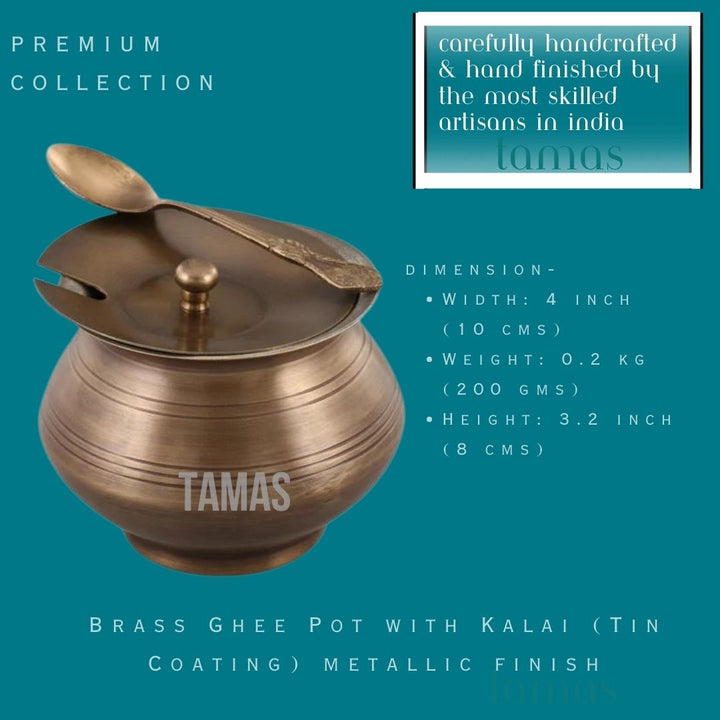 Brass Ghee Pot with Kalai (Tin Coating) metallic finish (3.2 Inch)