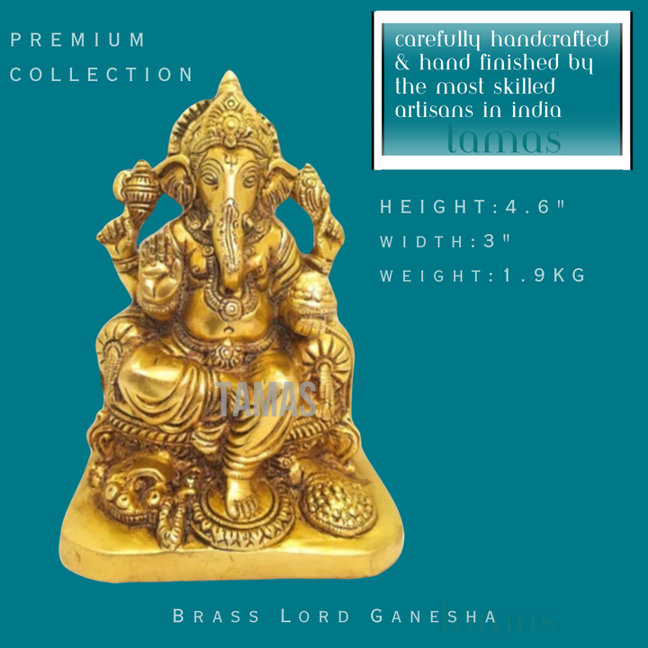 Brass Lord Ganesha Sitting on Carved Singhasan with Mooshak Statue (Golden) Height 6 inches | Free Premium Gift Box