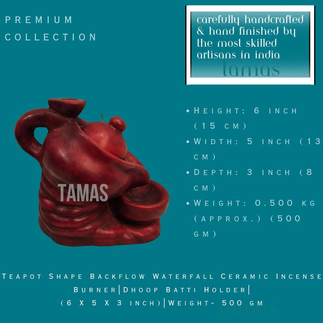 Teapot Shape Backflow Waterfall Ceramic Incense Burner|Dhoop Batti Holder|(6 X 5 X 3 inch)|Weight - 500 gm - Tamas: Luxury Indian Gifts