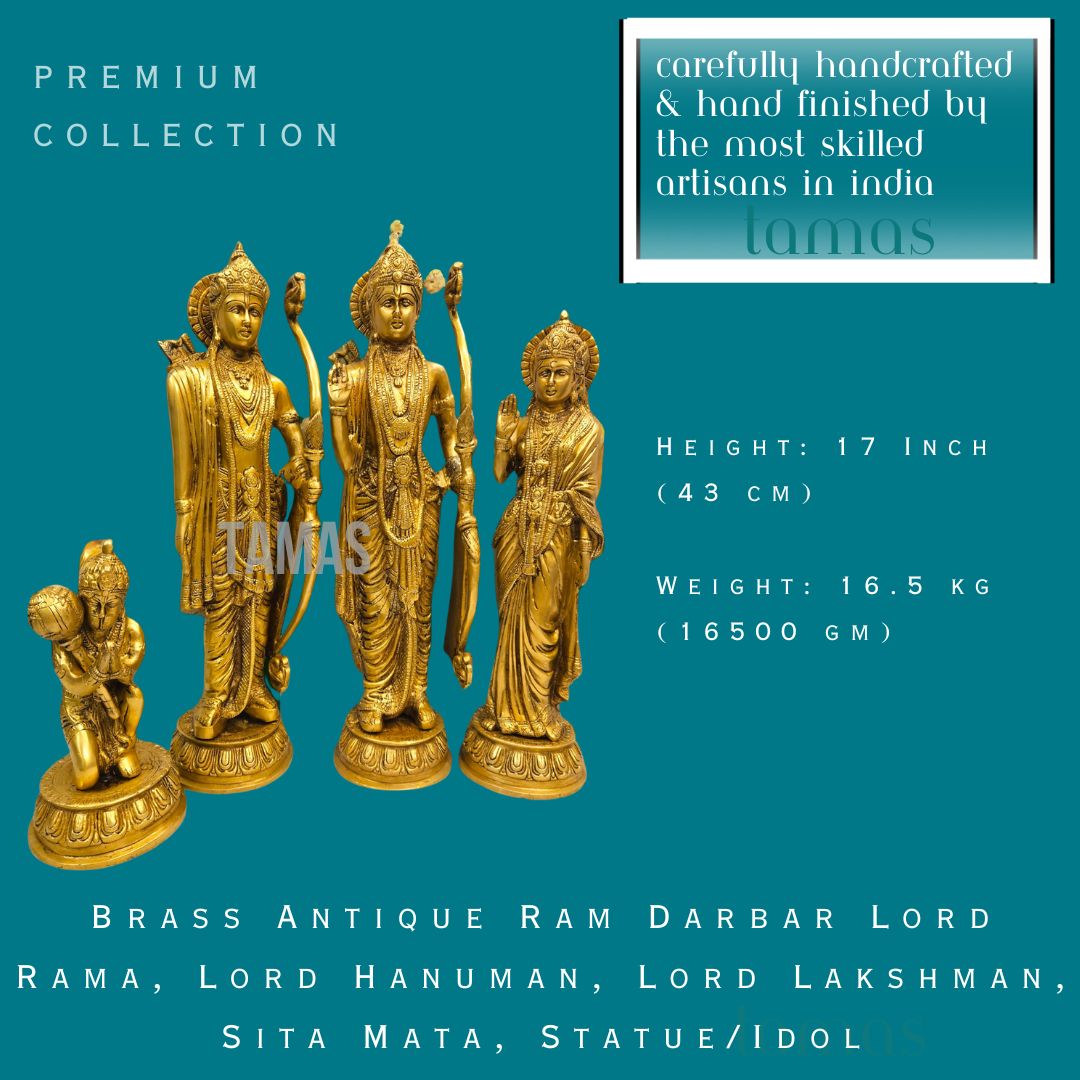 Brass Antique Ram Darbar Lord Rama, Lord Hanuman, Lord Lakshman, Sita Mata, Statue/Idol (17 Inch) (Golden)
