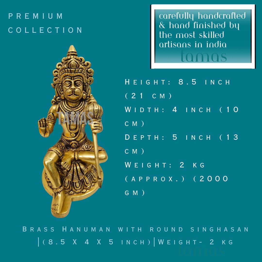 Brass Hanuman with round Singhasan | (8.5 X 4 X 5 inch)|Weight - 2 kg - Tamas: Luxury Indian Gifts