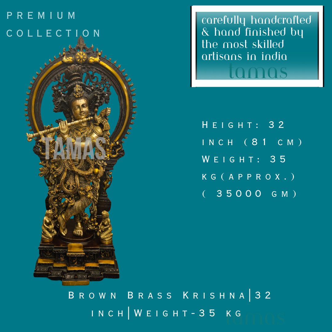 Brown Brass Krishna|32 inch|Weight-35 kg
