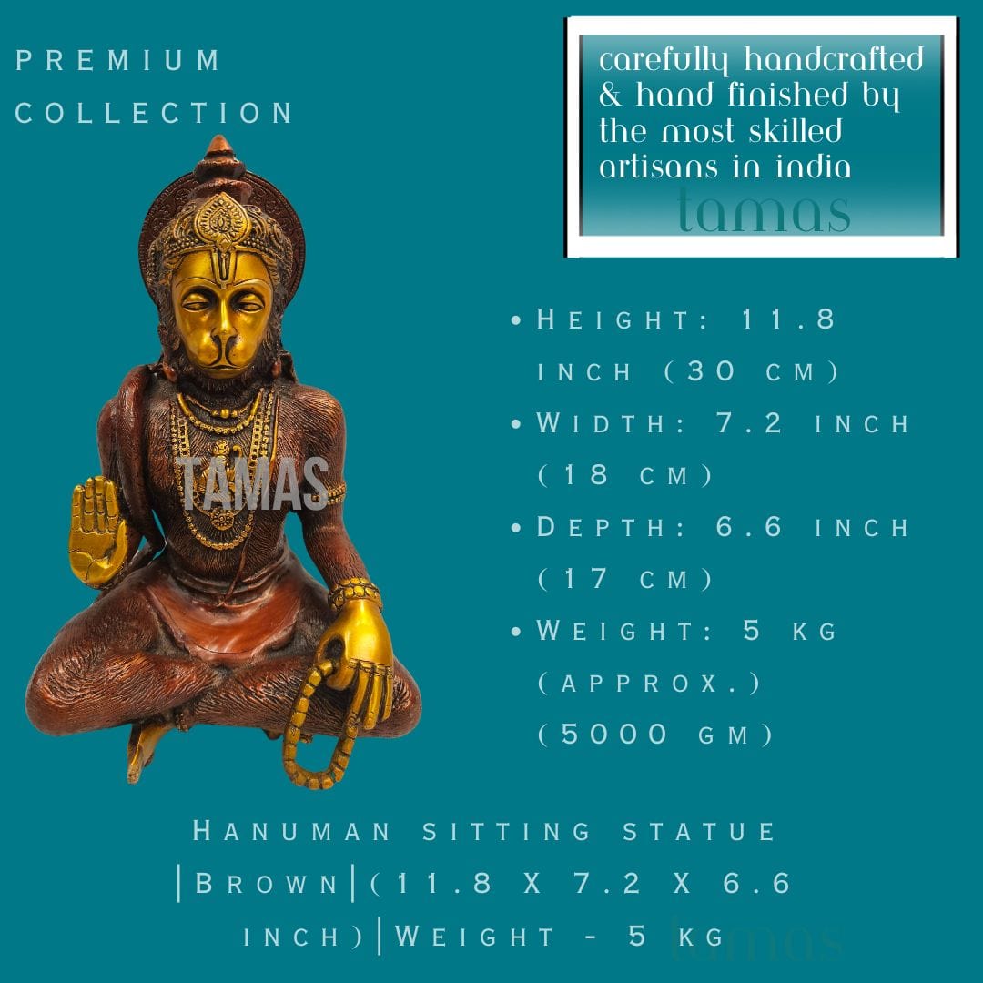 Hanuman sitting statue |Brown|(11.8 X 7.2 X 6.6 inch) |Weight - 5 kg - Tamas: Luxury Indian Gifts