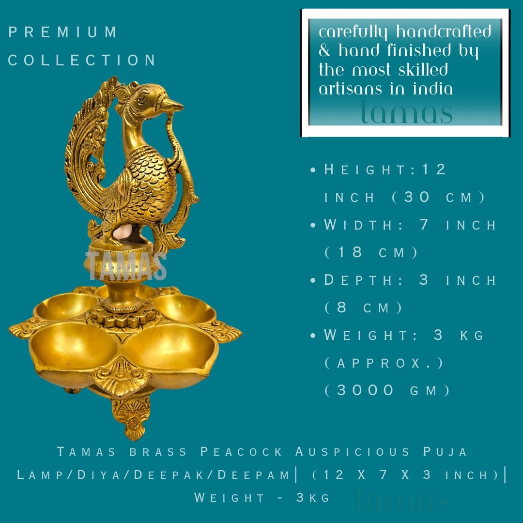 Tamas brass Peacock Auspicious Puja Lamp/Diya/Deepak/Deepam| (12 X 7 X 3 inch) |3.6kg - Tamas: Luxury Indian Gifts