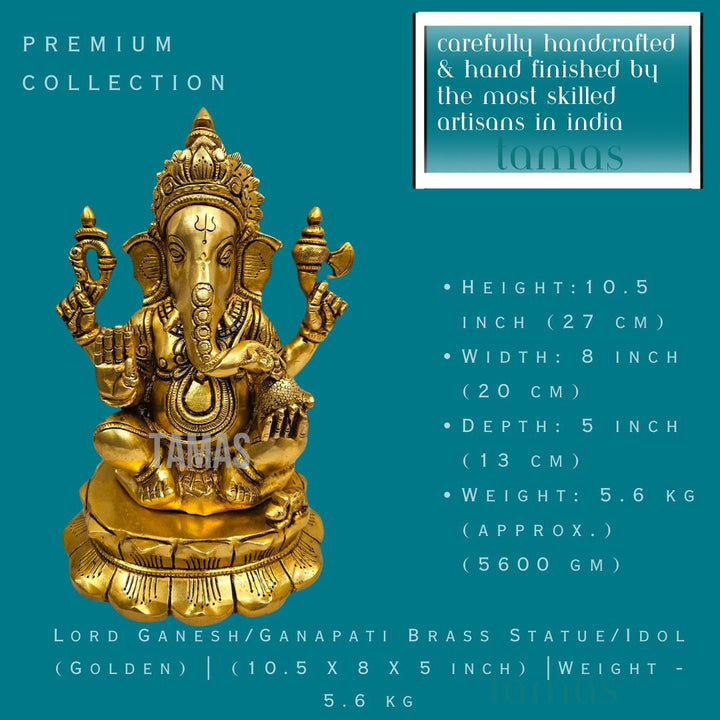 Lord Ganesh/Ganapati Brass Statue/Idol (Golden) | (10.5 X 8 X 5 inch) |Weight - 5.6 kg