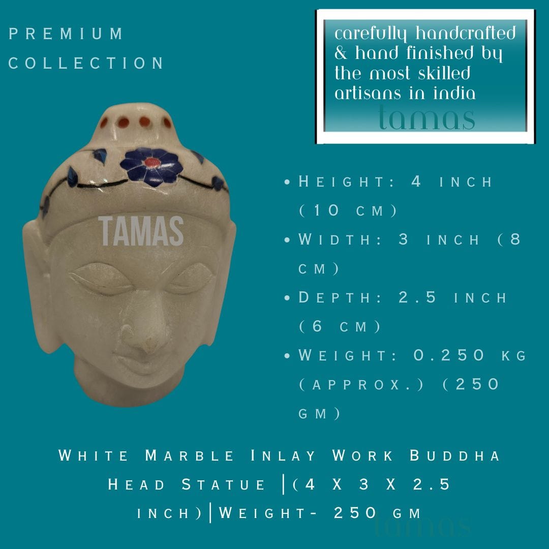 White Marble Inlay Work Buddha Head Statue |(4 X 3 X 2.5 inch)|Weight - 250 gm - Tamas: Luxury Indian Gifts