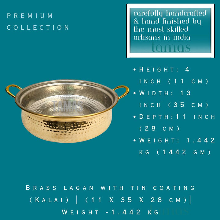 Brass Hammered Lagan Handi with Tin Coating (Kalai) | 13" | 1.5 kg