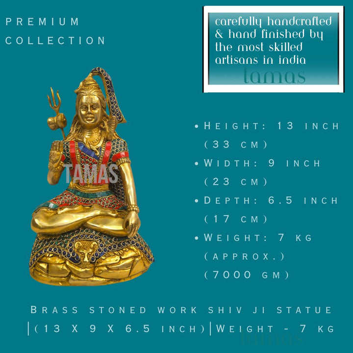 Brass stoned work shiv ji statue |(13 X 9 X 6.5 inch)|Weight - 7 kg