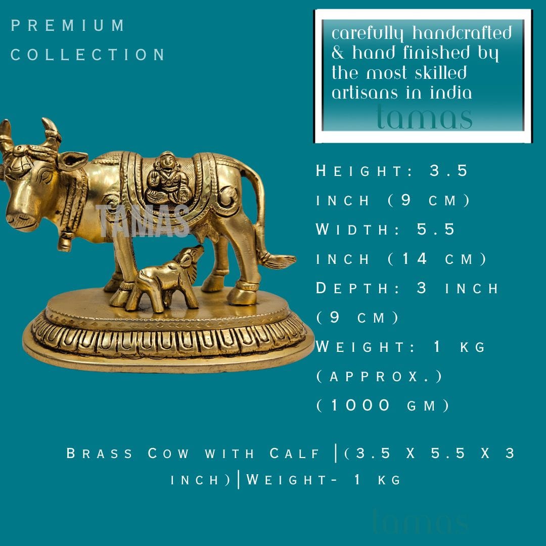 Brass Cow with Calf (3.5 X 5.5 X 3 inch)|Weight - 1 kg - Tamas: Luxury Indian Gifts
