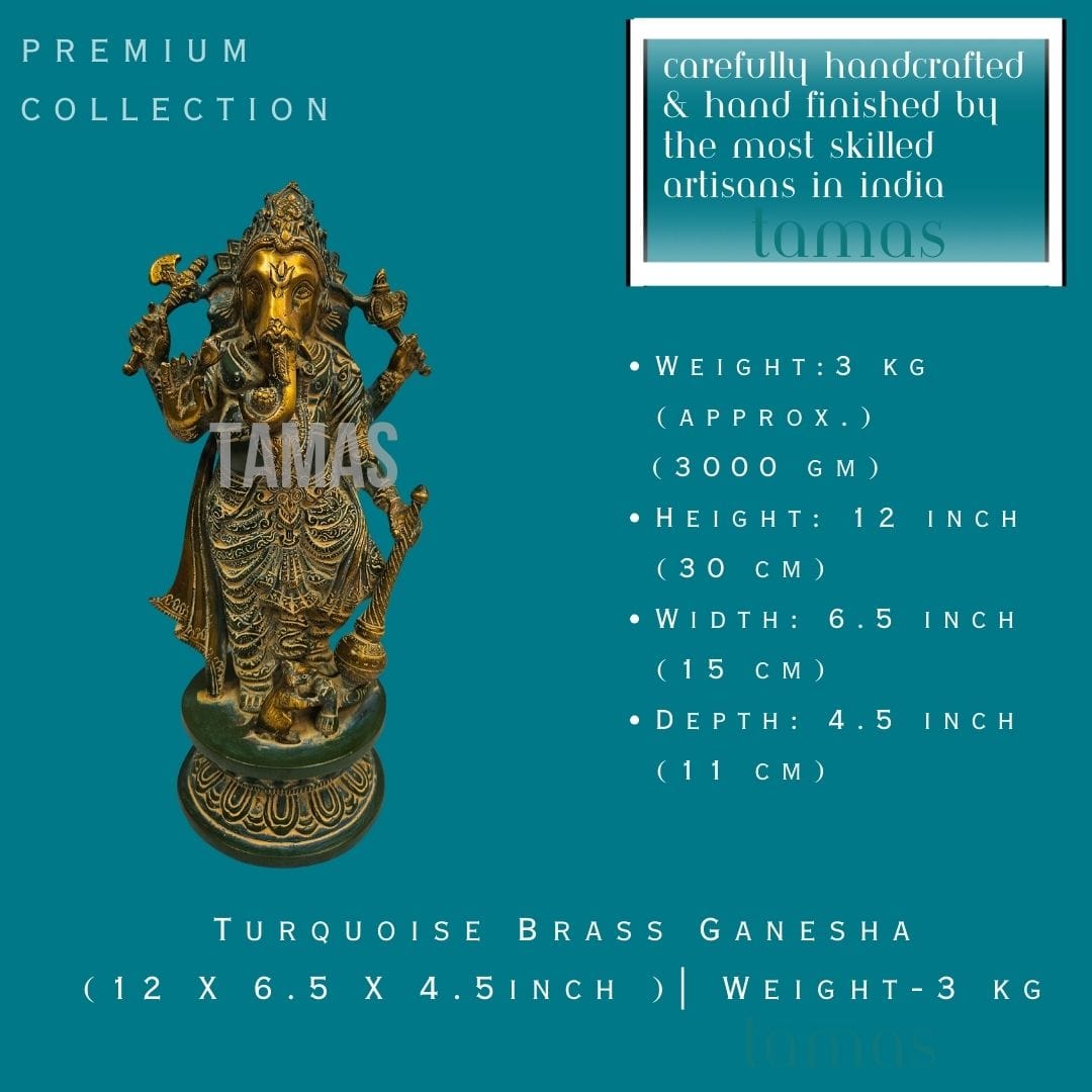 Turquoise Brass Ganesha (12 X 6.5 X 4.5 inch) | Weight - 3 kg - Tamas: Luxury Indian Gifts