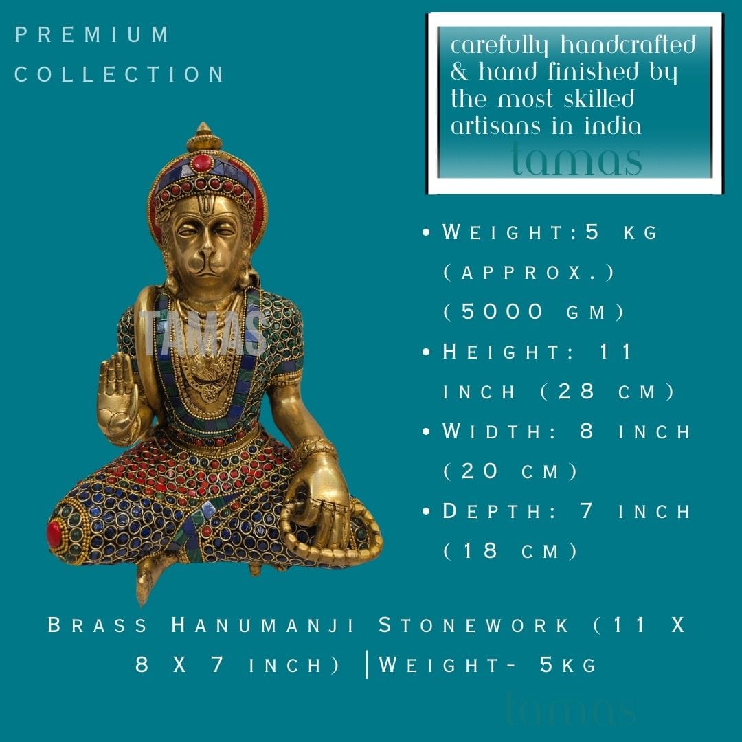 Brass Hanumanji Stonework (11 X 8 X 7 inch) |Weight - 5kg - Tamas: Luxury Indian Gifts